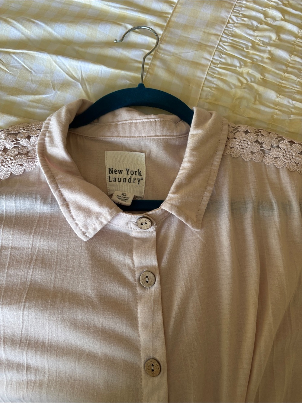 New York Laundry Pale Blush Button-Down Shirt with Lace Shoulders